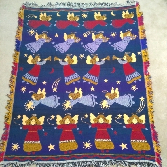 Vintage TAPESTRY Throw with fringe Christmas Angels Holiday Afghan Blanket - Picture 1 of 5